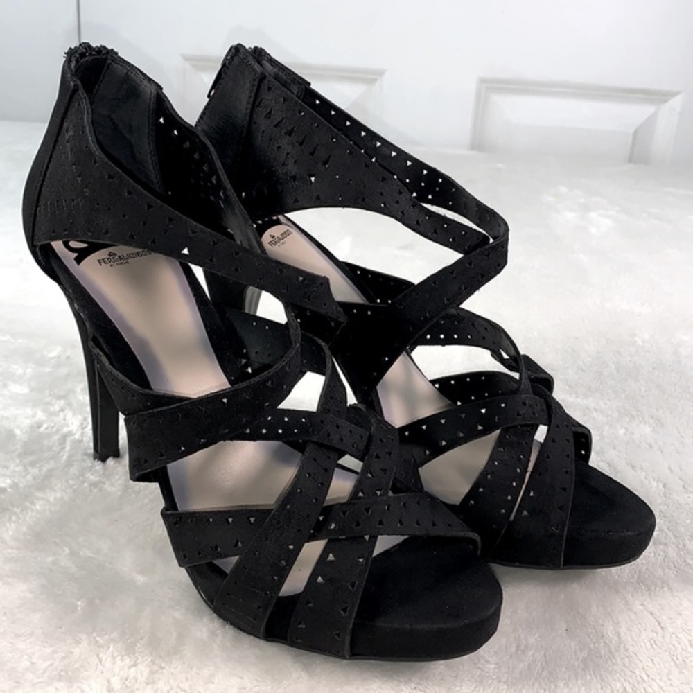 Fergalicious by Fergie Black Suede Laser Cut Platforms Heels